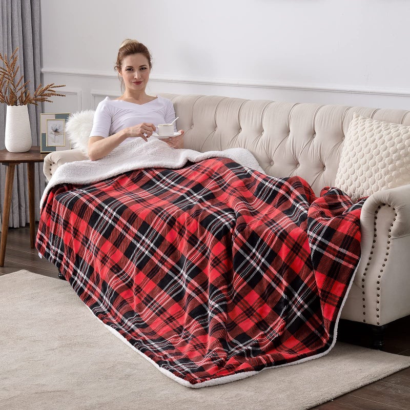 SOCHOW Sherpa Plaid Fleece Throw Blanket, Double-Sided Super Soft Luxurious Bedding Blanket 50 x 60 inches, Red/Grey - Image 4